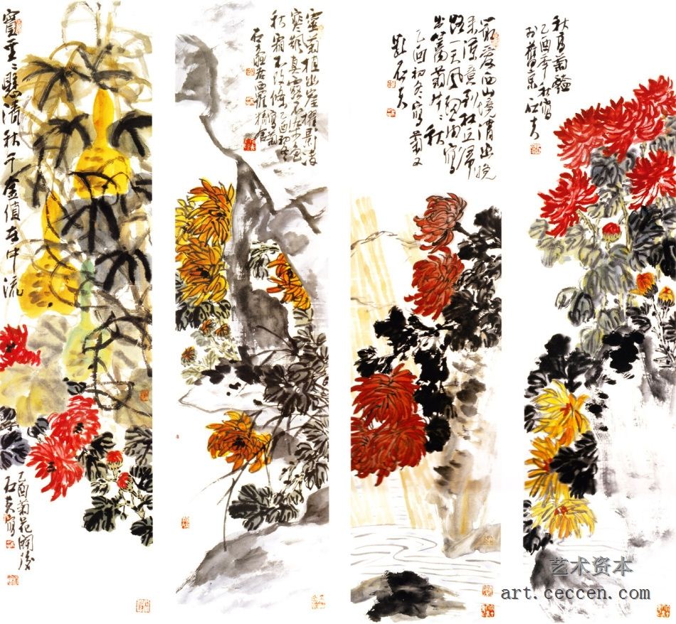 花鸟四条屏 138x34cmx4 纸本墨笔 2005年 郭石夫